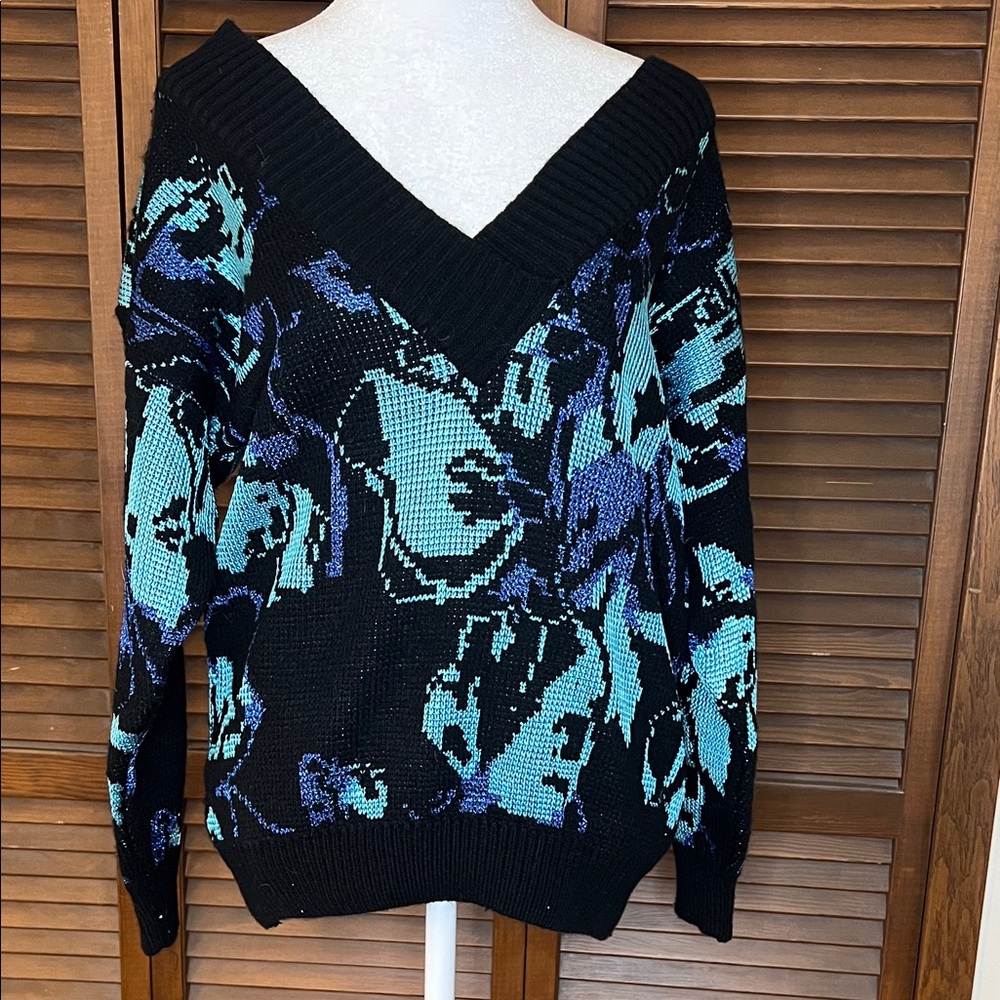 Vintage 80's Sweater with metallic thread & v-neck plunge. ‘80’s Brand Segue.